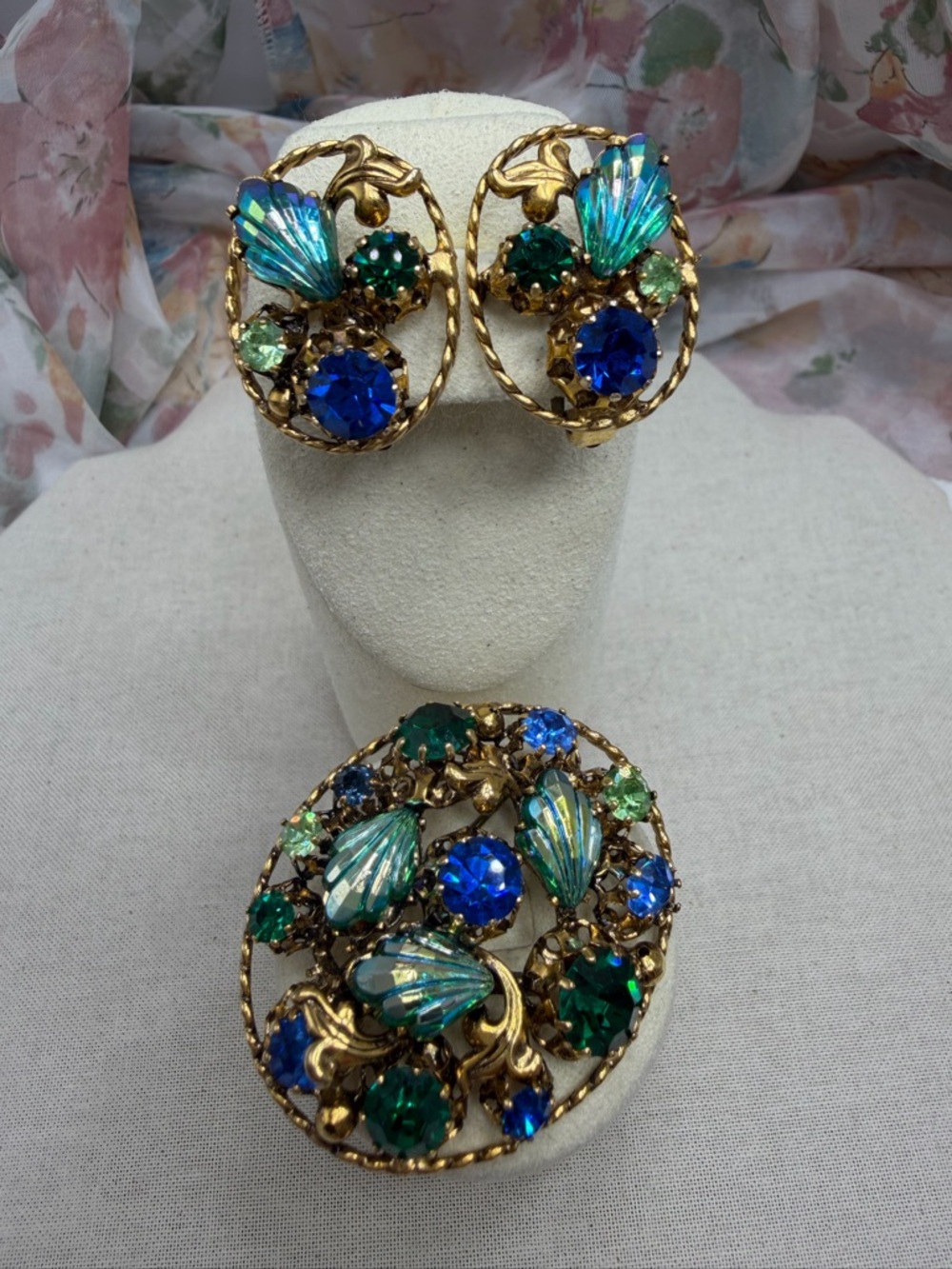 Vintage Austrian Blue Glass Cabochon Brooch and Clip Earrings